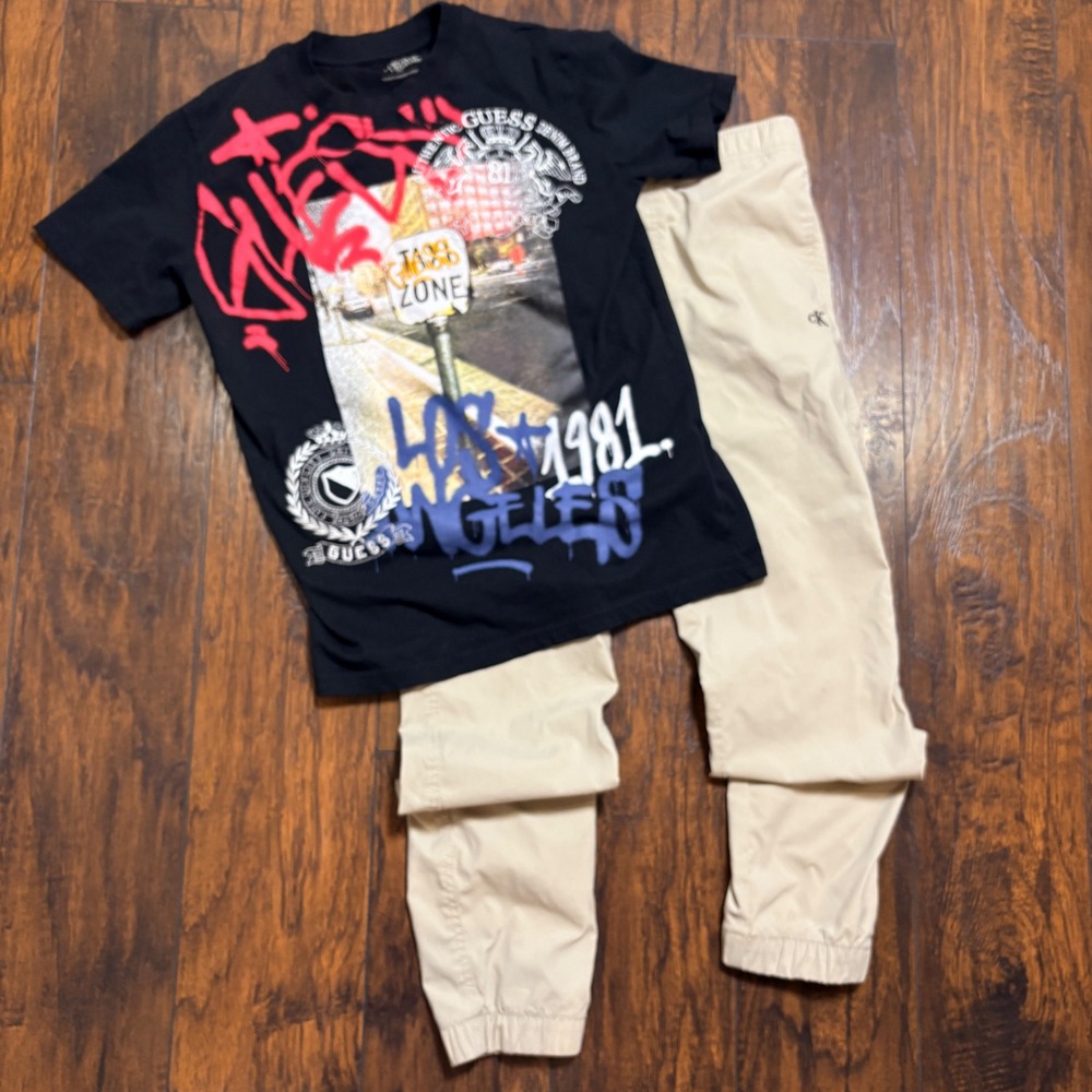 Guess Calvin Klein Outfit Boys 14/16 Black Tan Graphic Tee Joggers Set